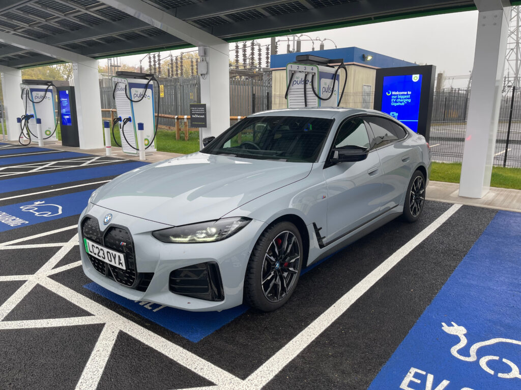 Bmw i4 M50 Brooklyn Grey at BP Pulse charge station NEC